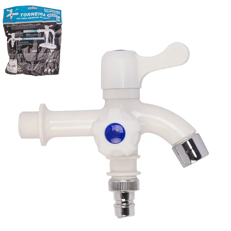 TORNEIRA DE PLASTICO PVC BRANCA ½'' DUPLA PARA MAQUINA DE LAVAR DE PAREDE PRO 14,5X12,5X7CM