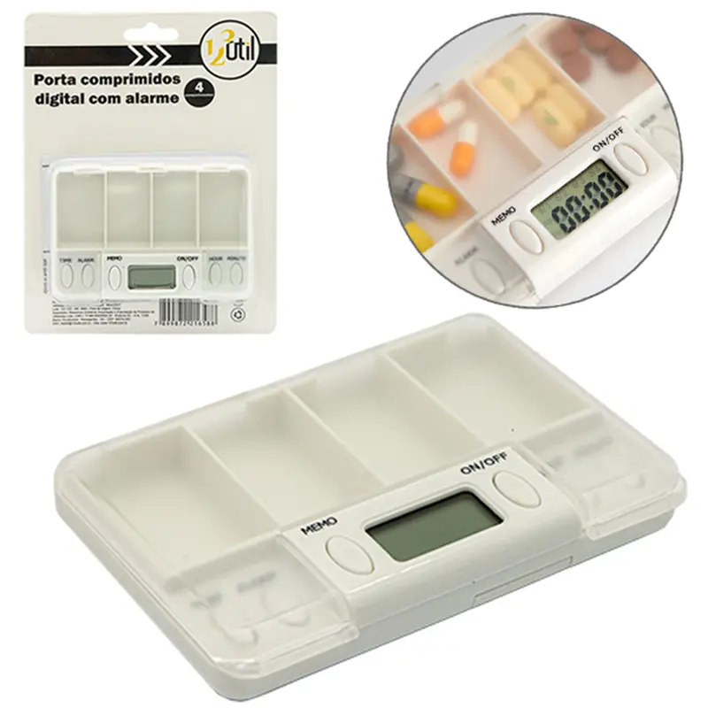 PORTA COMPRIMIDO RETANGULAR DIGITAL COM RELOGIO + ALARME E 4 COMPARTIMENTOS A BATERIA