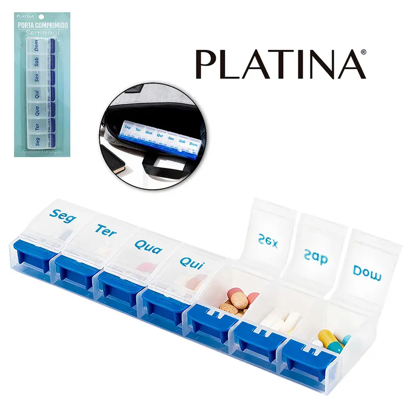 PORTA COMPRIMIDO DE PLASTICO RETANGULAR SEMANAL COM 7 COMPARTIMENTOS PLATINA 22X5X2,5CM
