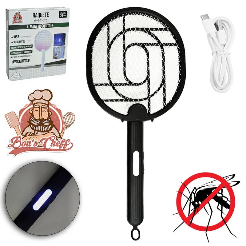 BONS RAQUETE MATA MOSQUITO OVAL RECARREGAVEL DOBRAVEL COM LAMPADA UV BIVOLT 51,5X22CM