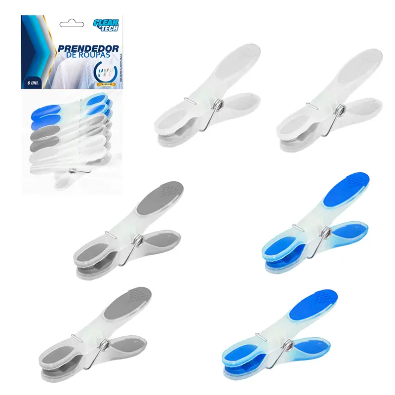 PRENDEDOR DE ROUPA DE PLASTICO COM PONTA EMBORRACHADA CLEAN TECH PREMIUM COM 6 PECAS 8,2X1,6CM