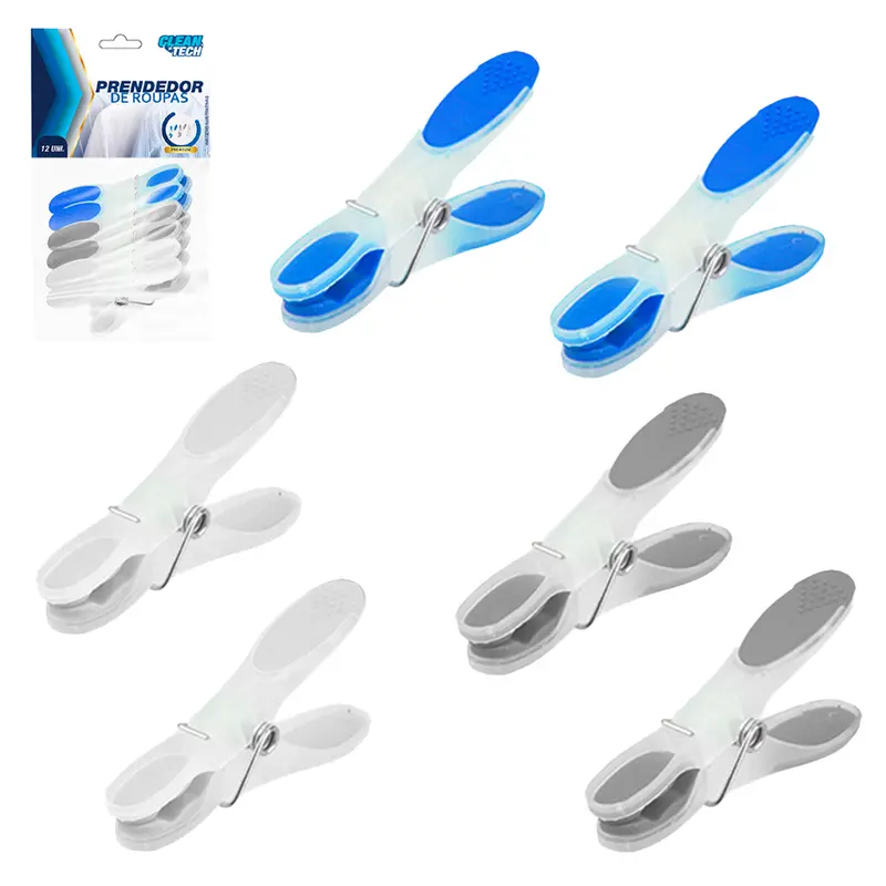 PRENDEDOR DE ROUPA DE PLASTICO COM PONTA EMBORRACHADA CLEAN TECH PREMIUM COM 12 PECAS 8,2X1,6CM