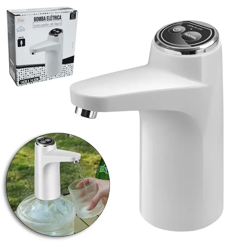 BOMBA AUTOMATICA PARA GALAO DE AGUA COM BOTAO 600ML RECARREGAVEL COM CABO USB