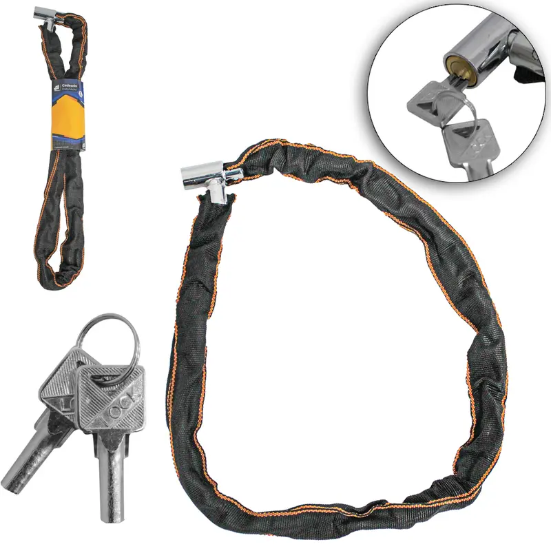 CORRENTE CADEADO TRAVA DE BICICLETA / MOTO COM PROTECAO DE POLIESTER + 2 CHAVES 1M