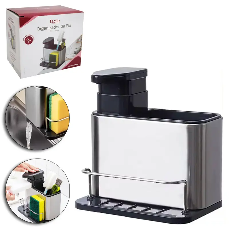 DISPENSER ORGANIZADOR DE PIA / PORTA DETERGENTE / ESPONJA DE INOX / PLASTICO FACILE 18,8X18X13CM