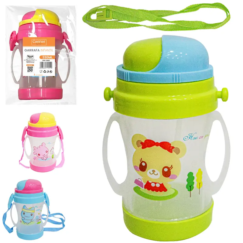 GARRAFA SQUEEZE DE PLASTICO PP COM CANUDO + ALCA 330ML