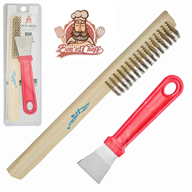 KIT DE LIMPEZA PARA GRELHA COM ESCOVA + RASPADOR BONS CHEFF