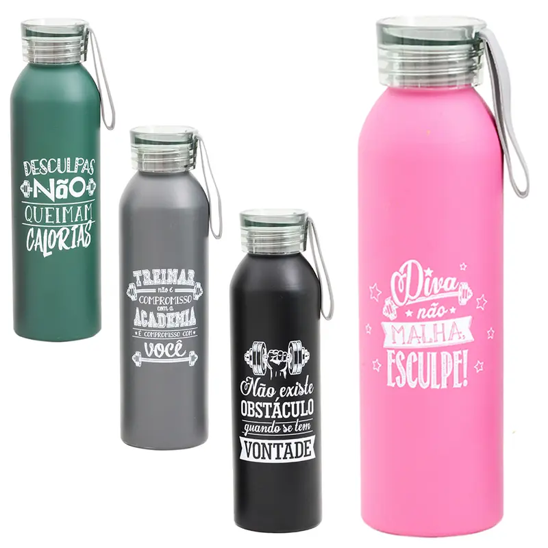 GARRAFA SQUEEZE DE ALUMINIO FRASES COM TAMPA E ALCA DE SILICONE 650ML