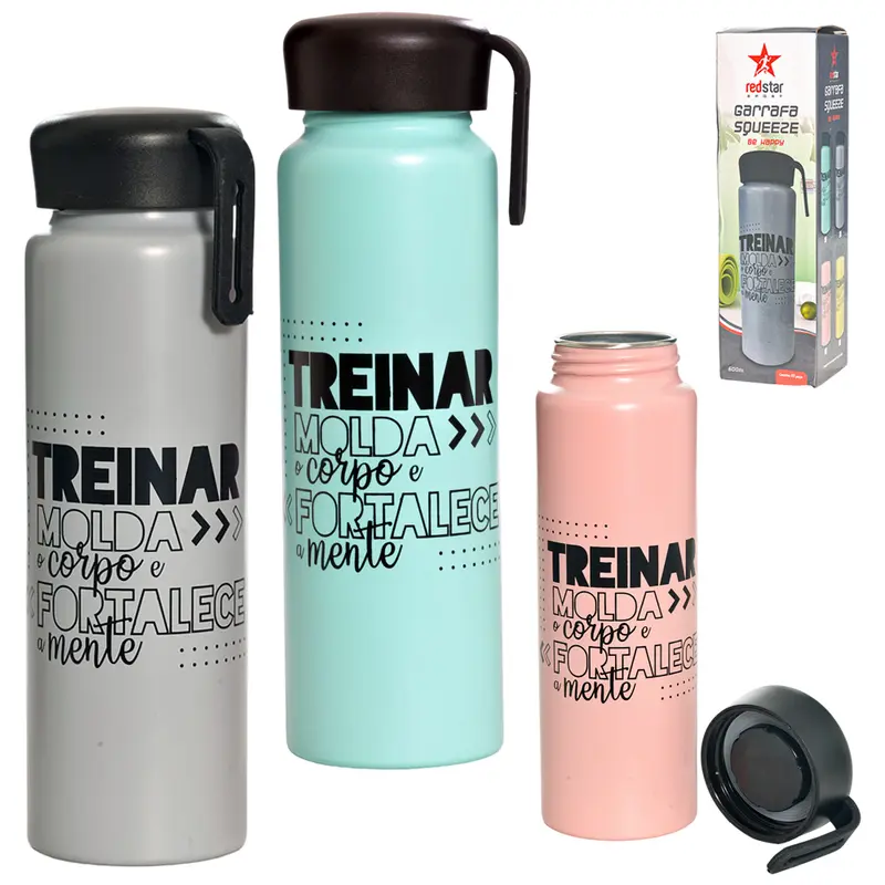 GARRAFA SQUEEZE DE ALUMINIO SPORT BE HAPPY TREINAR MOLDA O CORPO E FORTALECE A MENTE COM ALCA DE SILICONE 600ML