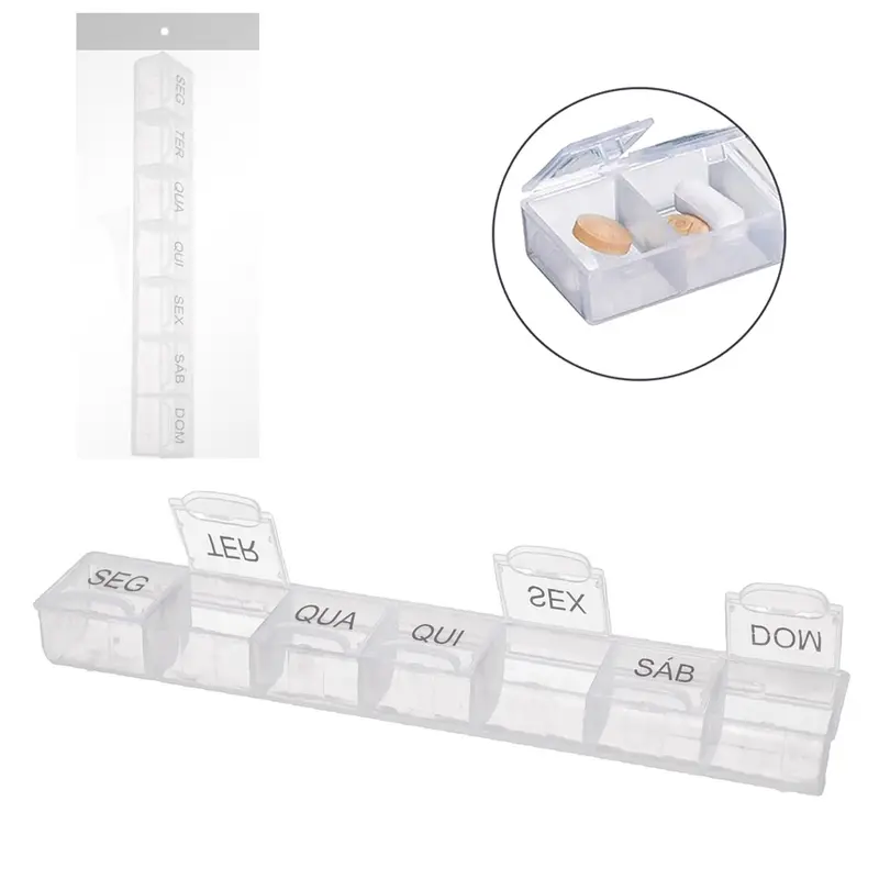 PORTA COMPRIMIDO DE PLASTICO RETANGULAR SEMANAL COM 7 COMPARTIMENTOS 21,5X3,5X2,5CM