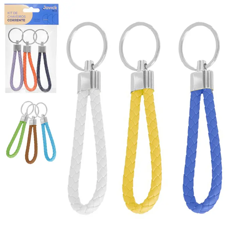 CHAVEIRO DE METAL / COURO TRANCADO COLORS COM 3 PECAS 9,2X3CM