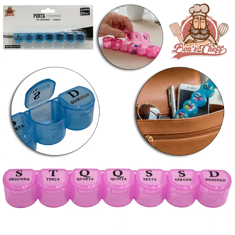 PORTA COMPRIMIDO DE PLASTICO RETANGULAR SEMANAL COM 7 COMPARTIMENTOS 15X2CM