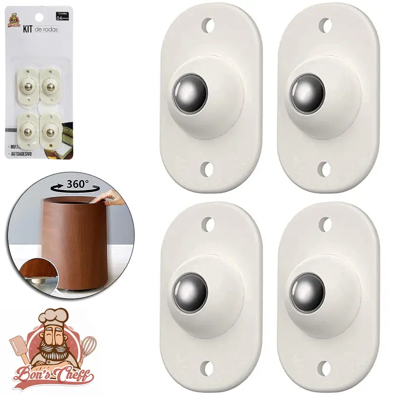 KIT RODIZIO DE PLASTICO COM ESFERA DE INOX AUTOADESIVO COM 4 PECAS 4,5X3CM
