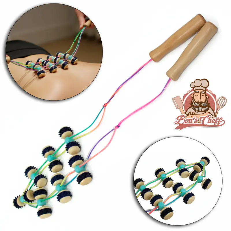 MASSAGEADOR MANUAL DE MADEIRA COM 14 RODINHA EMBORRACHADA 120X6CM DE Ø