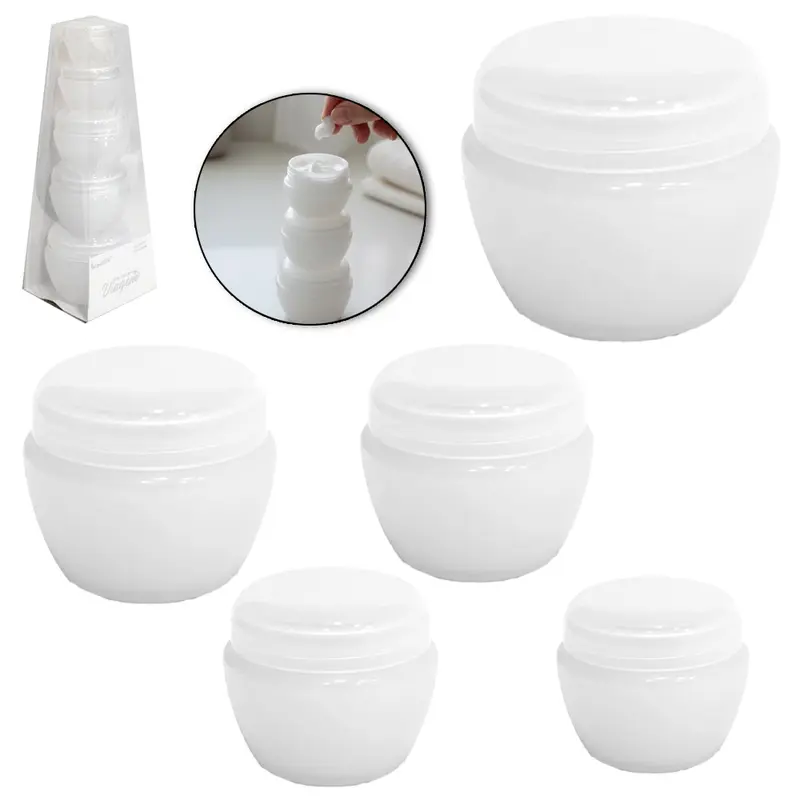 KIT VIAGEM POTE PORTA CREME DE PLASTICO COM 5 PECAS