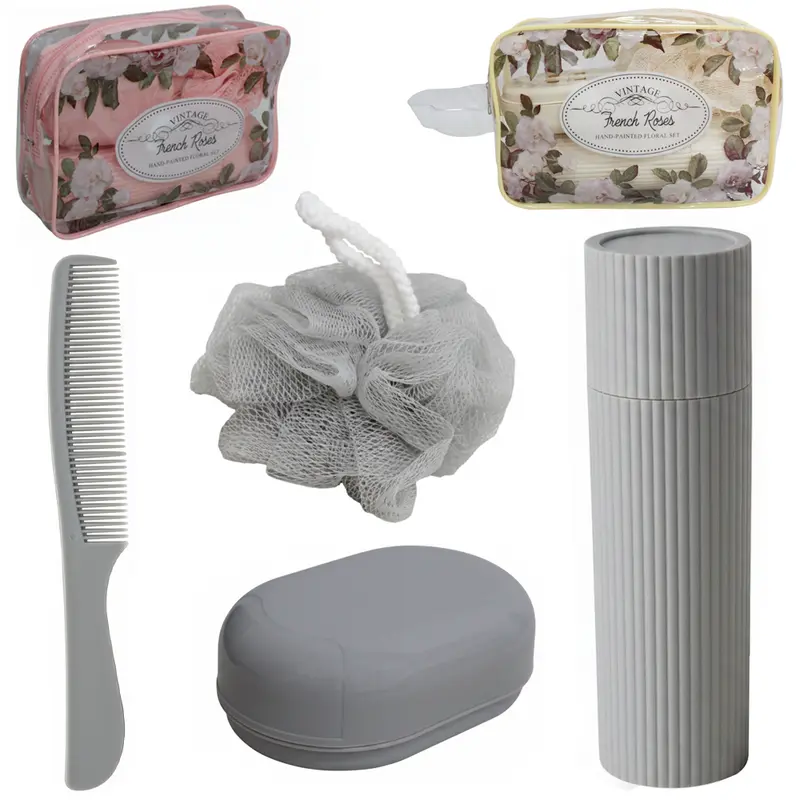 KIT VIAGEM COM PORTA ESCOVA + SABONETEIRA + PENTE E ESPONJA / BUCHA DE NYLON PARA BANHO NA NECESSAIRE