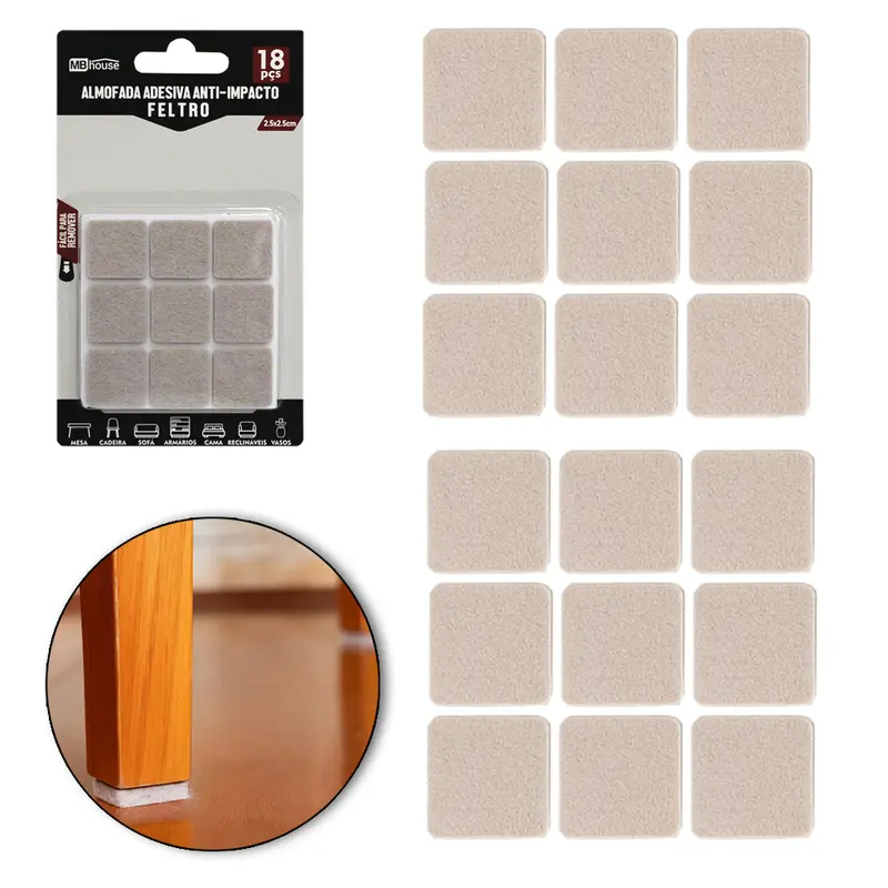 PROTETOR AUTOADESIVO PARA MOVEIS EM FELTRO QUADRADO COM 18 PECAS 2,5CM MB HOUSE