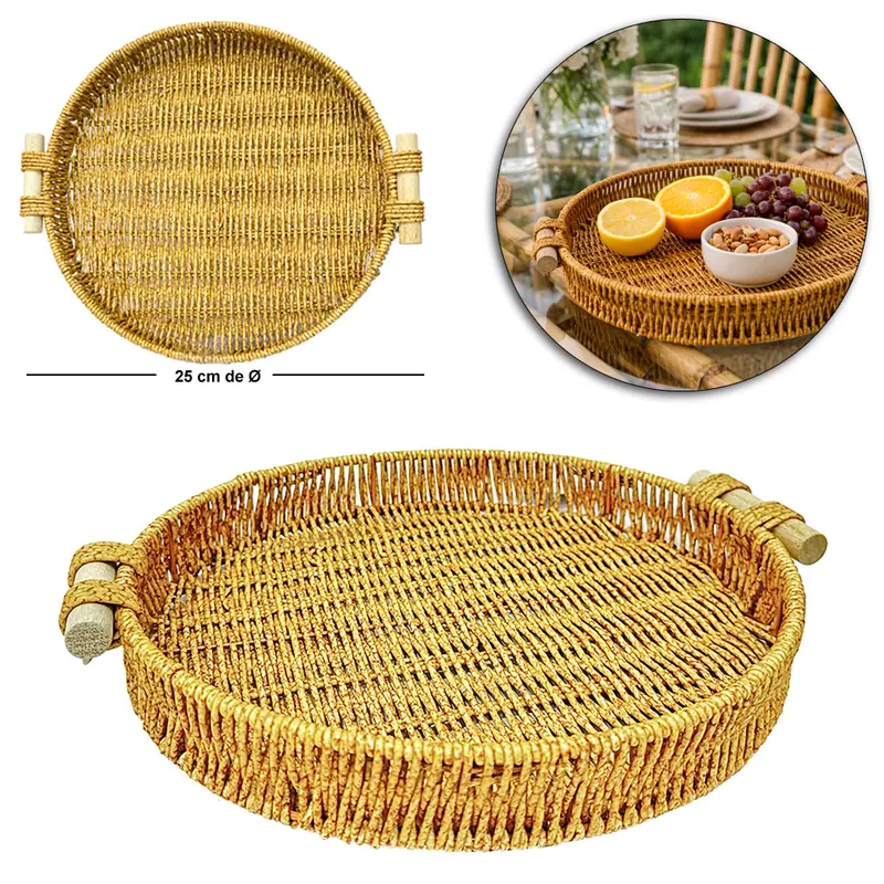 BANDEJA DE PLASTICO TIPO VIME REDONDA COM ALCA DE MADEIRA MOMENT 4,5X28,5X25CM DE Ø
