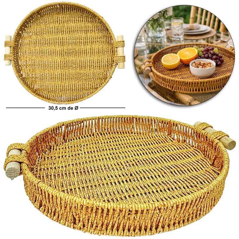 BANDEJA DE PLASTICO TIPO VIME REDONDA COM ALCA DE MADEIRA MOMENT 4,5X34X30,5CM DE Ø
