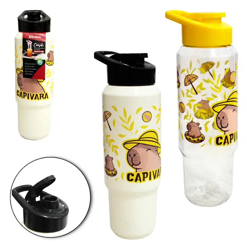 GARRAFA SQUEEZE DE PLASTICO PET CONSOLE CAPIVARA COM TAMPA E ALCA 1L