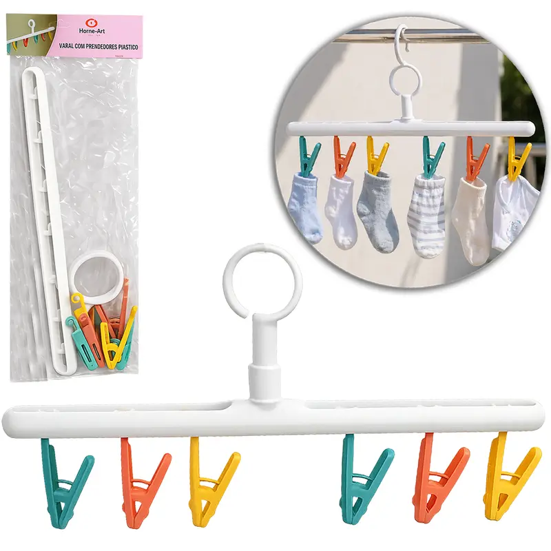 VARAL DE PENDURAR DE PLASTICO FIXO COM 6 PRENDEDORES 38,5X10,5CM