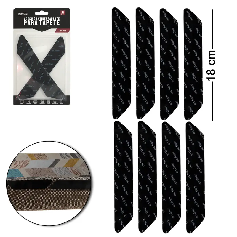 ADESIVO ANTIDERRAPANTE PARA TAPETE COM 8 PECAS 18X3CM MB HOUSE
