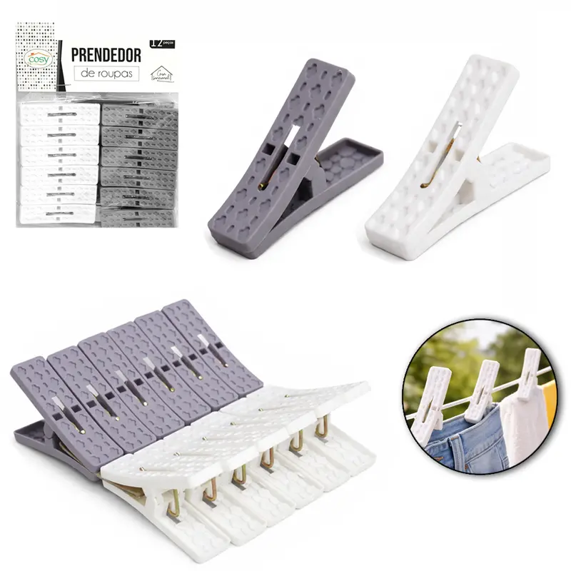 PRENDEDOR DE ROUPA DE PLASTICO BRANCO / CINZA COM 12 PECAS 6X1,5CM