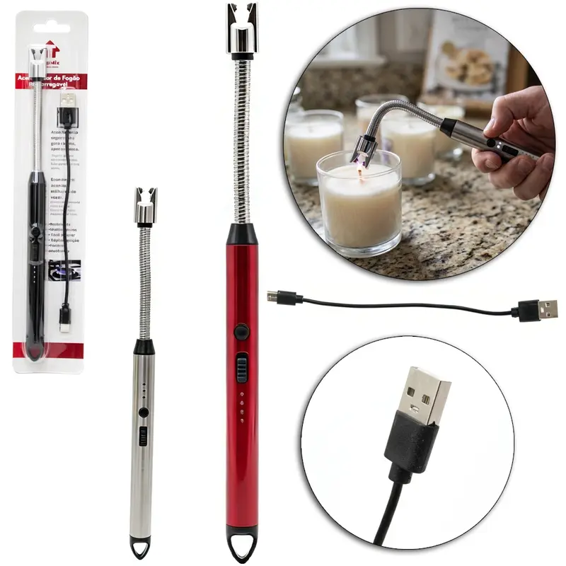 ACENDEDOR DE FOGAO A GAS COM PONTA FLEXIVEL RECARREGAVEL + CABO USB 26CM