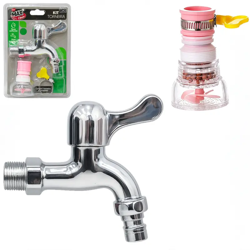 TORNEIRA PLASTICO PAREDE + CHUVEIRINHO BICO AREJADOR ANTIRRESPINGO EXTENSIVO COM FILTRO + ABRACADEIRA MAX CLEAN