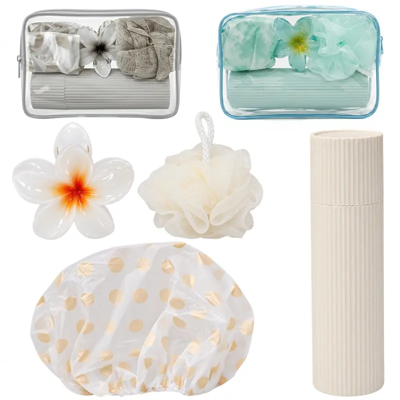 KIT VIAGEM C/PORTA ESCOVA + ESPONJA / BUCHA DE NYLON PARA BANHO + TOUCA E PIRANHA FLOR NA NECESSAIRE