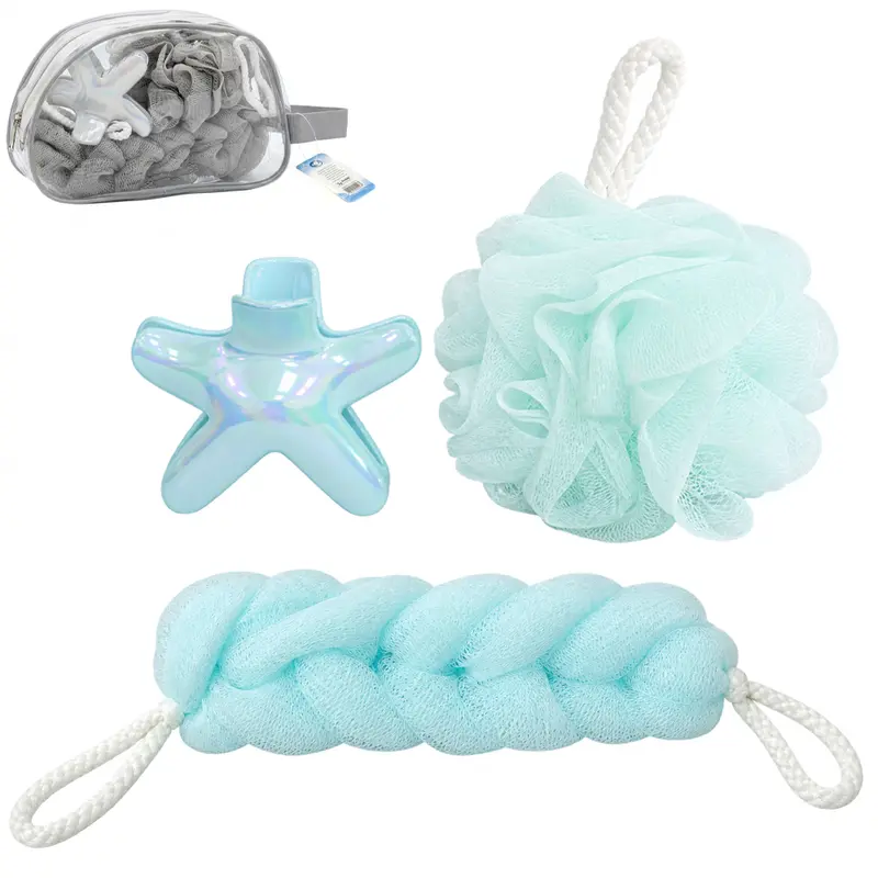 KIT VIAGEM COM 2 ESPONJA / BUCHA DE NYLON PARA BANHO + PIRANHA ESTRELA NA NECESSAIRE