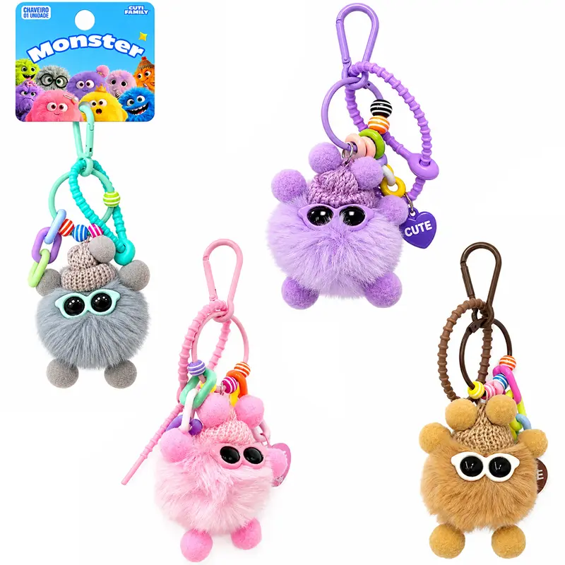 CHAVEIRO 2 EM 1 DE PELUCIA POM POM COM OCULOS + MOSQUETAO