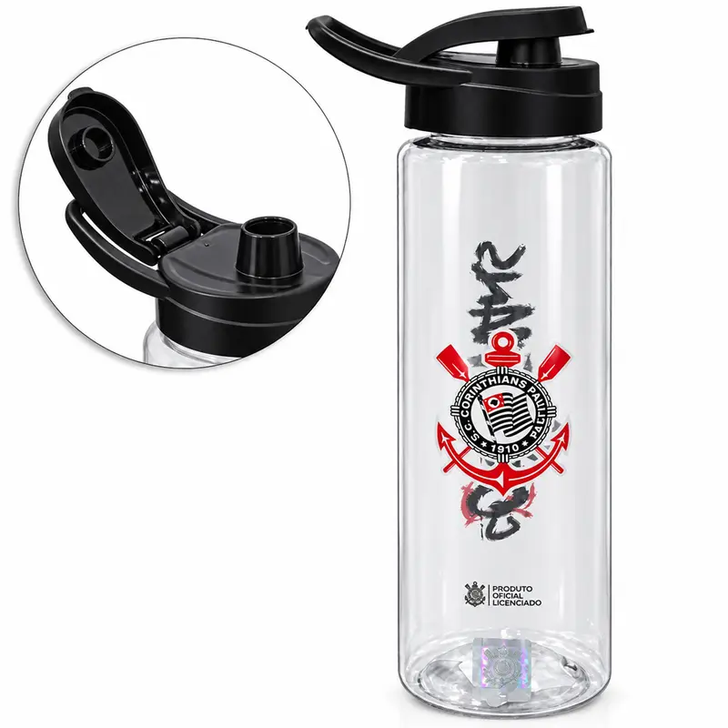 GARRAFA SQUEEZE DE PLASTICO PET CORINTHIANS COM TAMPA E ALCA 750ML