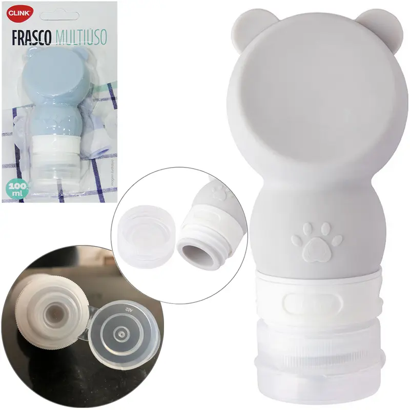 FRASCO FLIP TOP DE SILICONE PARA VIAGEM COM TAMPA 100ML NA CARTELA