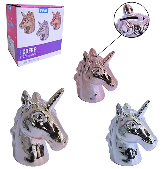 ENFEITE UNICORNIO COFRE DE PORCELANA METALIZADO 14X14CM NA CAIXA