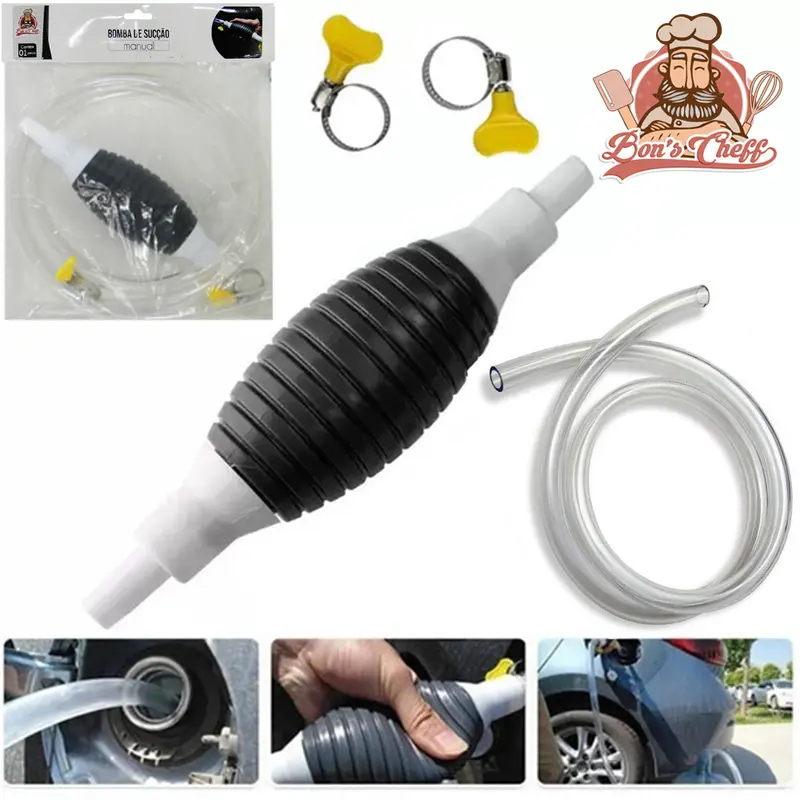 BOMBA DE SUCCAO MANUAL COM MANGUEIRA + ABRACADEIRA BORBOLETA 4 PECAS NA SOLAPA BONS CHEFF