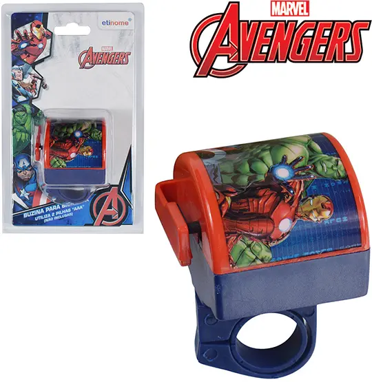 BUZINA PARA BICICLETA INFANTIL COM CABECA MOVEL A PILHA VINGADORES/AVENGERS NA CARTELA