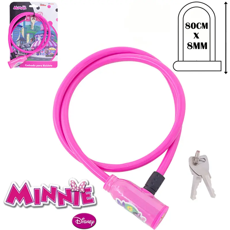 CADEADO TRAVA DE BICICLETA / MOTO INFANTIL ROSA MINNIE 80CMX8MM NA CARTELA