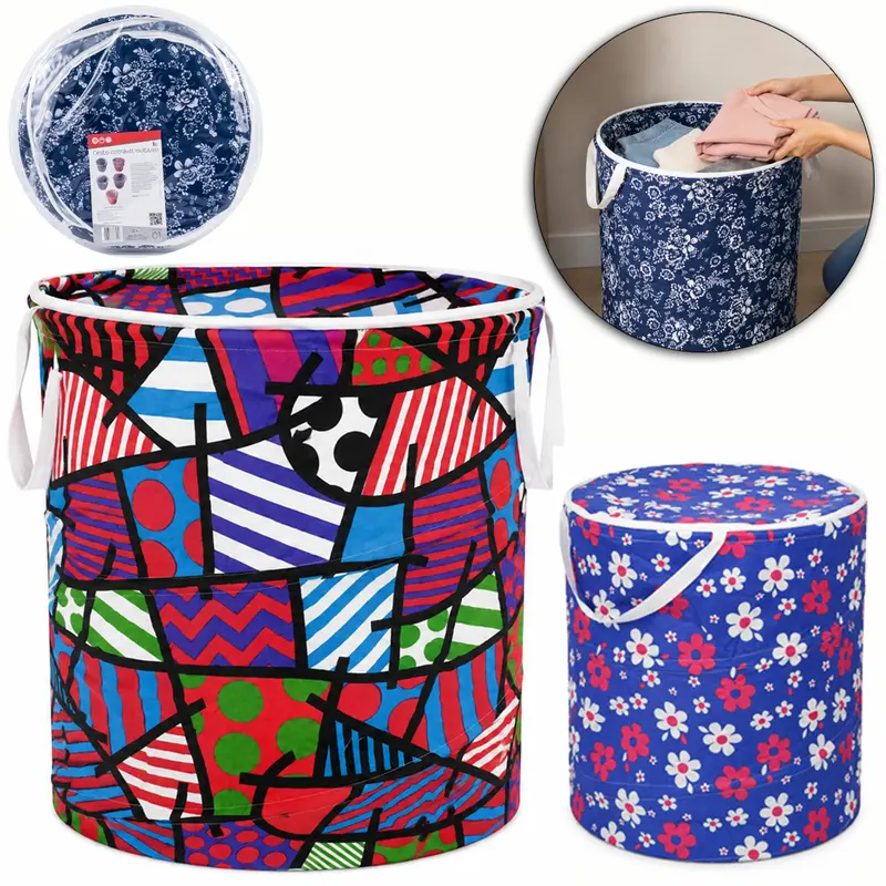 CESTO ORGANIZADOR DOBRAVEL DE POLIESTER ESTAMPADO COM TAMPA E ZIPER 48X42CM DE Ø
