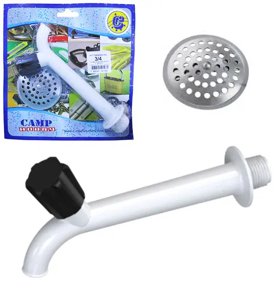TORNEIRA PARA PIA DE PLASTICO 15CM ¾'' COM RALO DE PIA DE METAL NA CARTELA