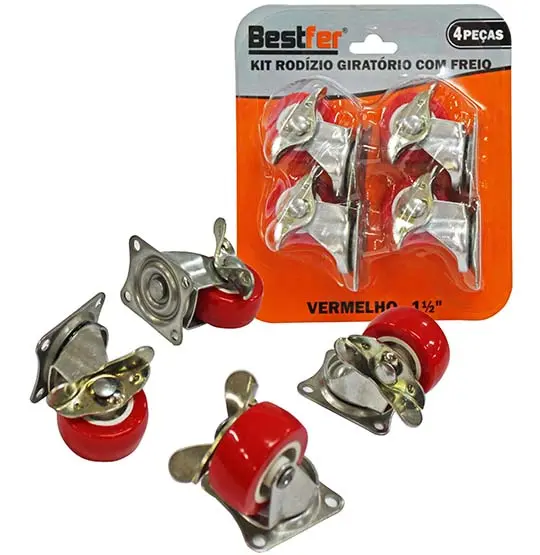 KIT RODIZIO GIRATORIO VERMELHO COM FREIO 1½'' COM 4 PECAS NA CARTELA