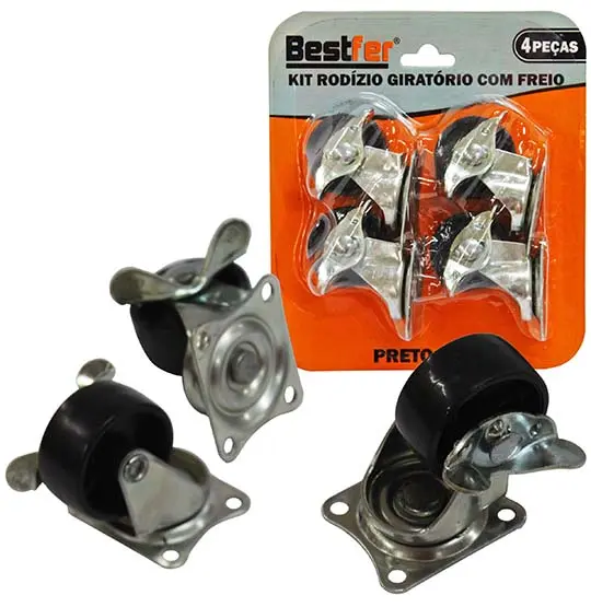 KIT RODIZIO GIRATORIO PRETO COM FREIO 1½'' COM 4 PECAS NA CARTELA