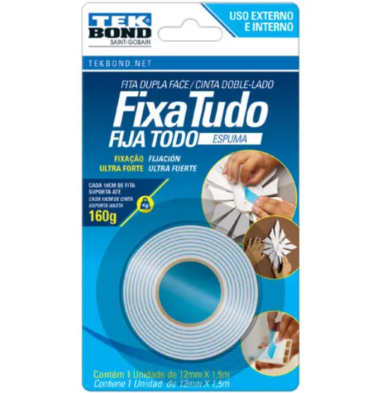 FITA ADESIVA DUPLA FACE DE ESPUMA FIXA TUDO 12MMX1,5M NA CARTELA
