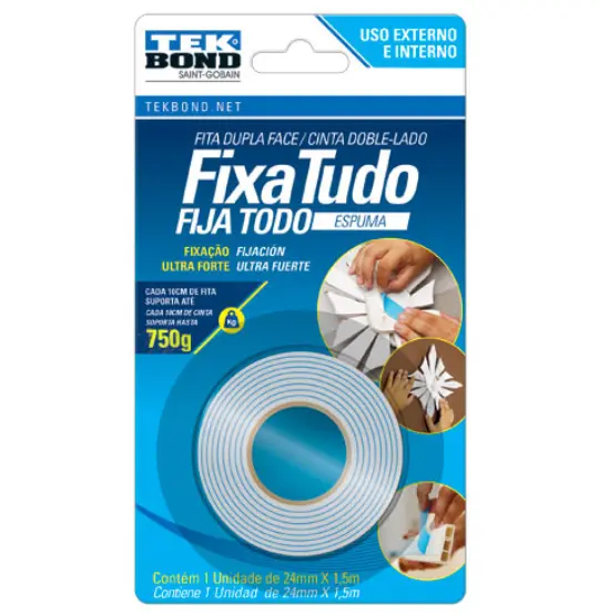 FITA ADESIVA DUPLA FACE DE ESPUMA FIXA TUDO 24MMX1,5M NA CARTELA