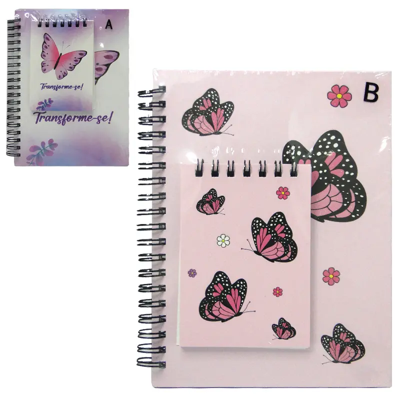 CADERNETA / BLOCO DE ANOTACAO ESPIRAL BORBOLETA COM 2 PECAS 48 FOLHAS 18X14 / 10,5X7CM
