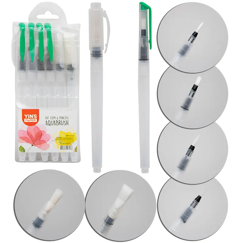 PINCEL COM RESERVATORIO DE AGUA AQUABRUSH PONTA RETA / ARREDONDADA YINS PAPER COM 6 PECAS 19CM