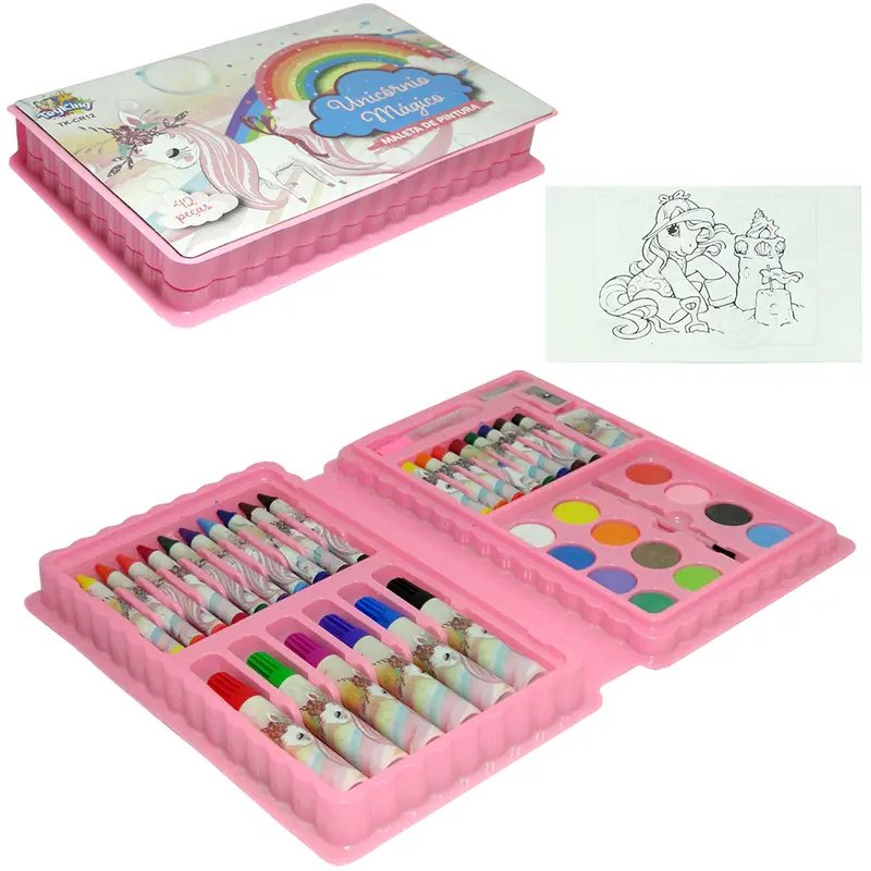 ESTOJO MALETA ESCOLAR UNICORNIO MAGICO COM LAPIS DE COR + GIZ DE CERA E ACESSORIOS 42 PECAS
