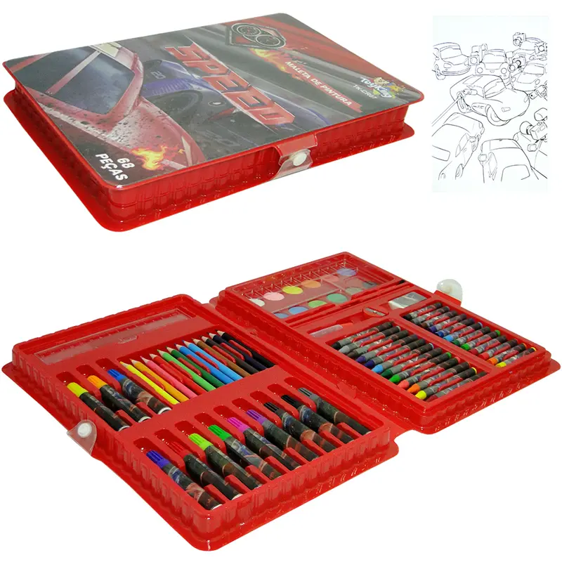 ESTOJO MALETA ESCOLAR SPEED COM LAPIS DE COR + GIZ DE CERA E ACESSORIOS 68 PECAS