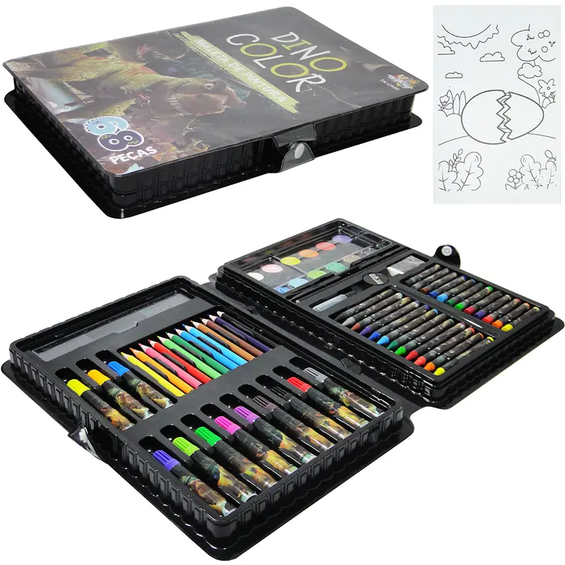 ESTOJO MALETA ESCOLAR DINO COLOR COM LAPIS DE COR + GIZ DE CERA E ACESSORIOS 68 PECAS
