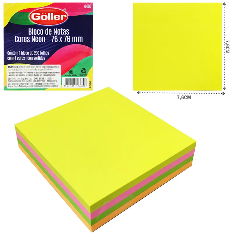 BLOCO DE ANOTACAO STICKER ADESIVO QUADRADO COM 200 FOLHAS COLORS 7,6CM